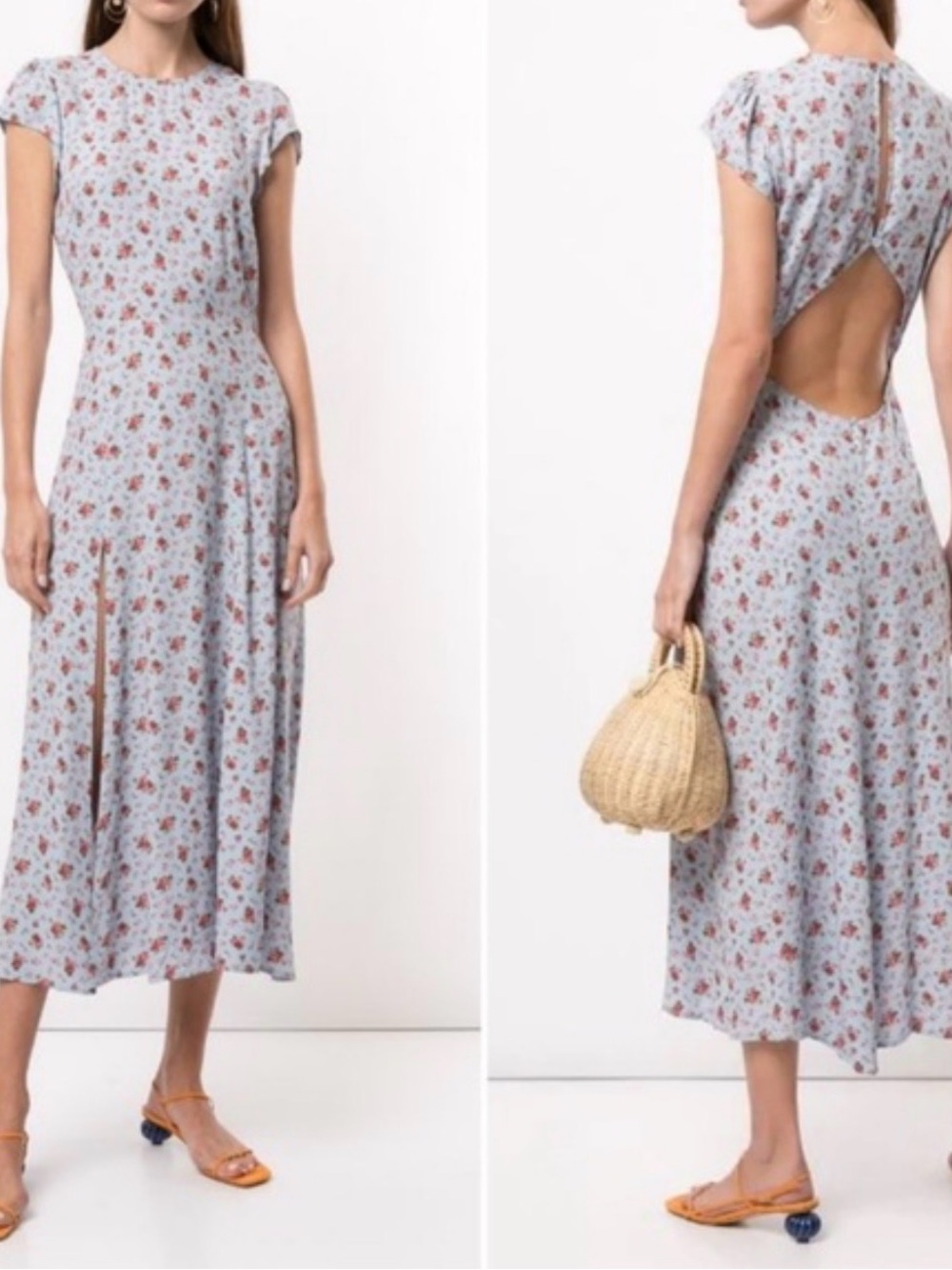 Reformation Gavin Petunia Blue Floral Midi Dress with Open Back